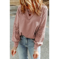Pink Lace Waffle Patchwork Strappy V Neck Long Sleeve Top - S thumbnail