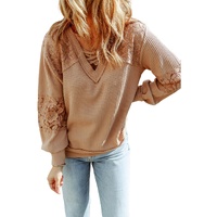 Azura Exchange Lace Waffle Patchwork Strappy V Neck Long Sleeve Top - M thumbnail
