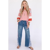 Red Pinstriped Color Block Patchwork Oversized Top - S thumbnail