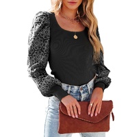 Black Flower Puff Sleeve Ribbed Knit Top - S thumbnail