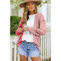 Pink Waffle Knit Exposed Seam Leopard Colorblock Print Top - S thumbnail