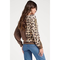 Brown Leopard Splicing Waffle Knit V Neck Top - M thumbnail