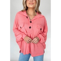 Pink Corded Flap Pocket Henley Top - M thumbnail