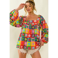 Azura Exchange Multicolor Floral Crochet Square Neck Puff Sleeve Blouse - M thumbnail