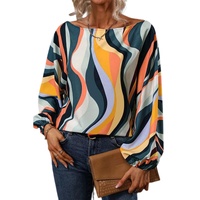 Azura Exchange Wavy Striped Boat Neck Puff Sleeve Blouse - M thumbnail