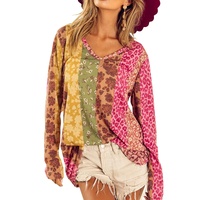 Azura Exchange Floral Leopard Mixed Print V Neck Long Sleeve Tee - M thumbnail