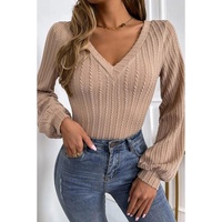 Azura Exchange Knitted Jacquard V Neck Lantern Sleeve Top - M thumbnail