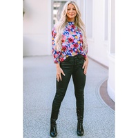 Blue Mock Neck Bubble Sleeve Floral Print Blouse - L thumbnail