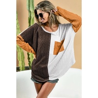 Brown Color Block Patchwork Chest Pocket Long Sleeve Top - XL thumbnail