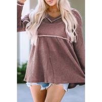 Pink Waffle Knit V Neck Long Sleeve Babydoll Top - XL thumbnail
