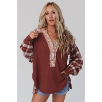 Red Floral Plaid Mixed Print Bishop Sleeve Patchwork Top - M thumbnail