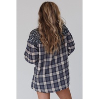 Blue Floral Plaid Mixed Print Bishop Sleeve Patchwork Top - S thumbnail