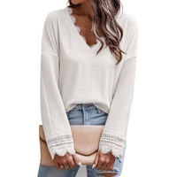 Azura Exchange White Ribbed Texture Lace Trim V Neck Top - M thumbnail