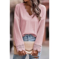 Azura Exchange Ribbed Texture Lace Trim V Neck Long Sleeve Top - S thumbnail