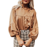 Brown Puff Sleeve Collared Pleated Babydoll Blouse - M thumbnail
