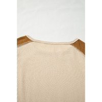 Beige Waffle Leopard Print Colorblock Puff Sleeve Top - M thumbnail