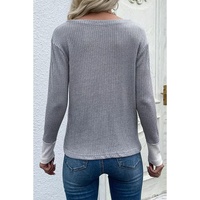 Leopard Patchwork Ribbed Color Block V Neck Top - XL thumbnail