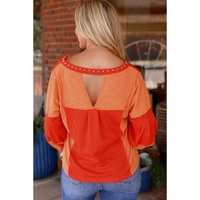 Red Studded V Neckline Exposed Seam Textured Knit Top - XL thumbnail