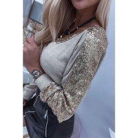 Azura Exchange Sequin Patchwork V Neck Long Sleeve Top - L thumbnail
