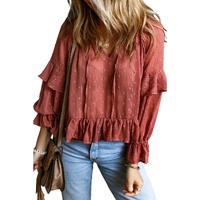 Azura Exchange Swiss Dot Lace Up V Neck Ruffled Blouse - L thumbnail