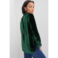 Blackish Green Frilled Neck Buttoned Front Velvet Top - L thumbnail