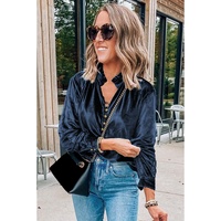 Navy Blue Frilled Neck Buttoned Front Velvet Top - 2XL thumbnail