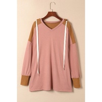 Brown Waffle Knit Patchwork Drawstring V Neck Hoodie - L thumbnail