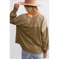 Khaki Ribbed Patchwork Drop Shoulder Buttoned Neckline Blouse - M thumbnail