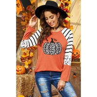 Orange Leopard Pumpkin Graphic Contrast Long Sleeve Top - S thumbnail