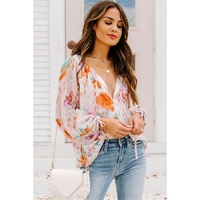 Azura Exchange Abstract Print Split Neck Puff Sleeve Blouse - M thumbnail