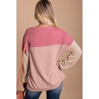 Pink Color Block Long Sleeve Ribbed Loose Top - M thumbnail