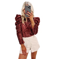 Burgundy Sequin Mock Neck Bubble Sleeve Top - L thumbnail