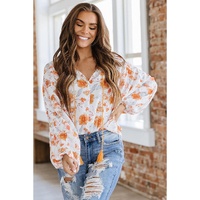 White Tassel Tie V Neck Bubble Sleeve Floral Blouse - M thumbnail