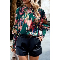 Azura Exchange Green Abstract Print Smocked Cuffs Frilled Neck Blouse - S thumbnail