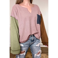 Pink Colorblock Rib Textured Loose Long Sleeve Top - M thumbnail