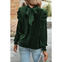 Azura Exchange Blackish Green Mock Neck Puff Sleeve Velvet Blouse - L thumbnail