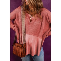 Mineral Red Exposed Seam Slit Neck Waffle Knit Patchwork Top - L thumbnail