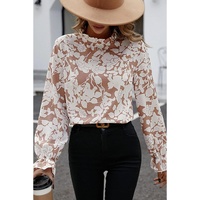 Flaxen Floral Print Frilled Neckline Flounce Sleeve Blouse - M thumbnail