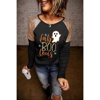 Black Leopard Boo Ghost Graphic Sequin Raglan Sleeve Top - S thumbnail