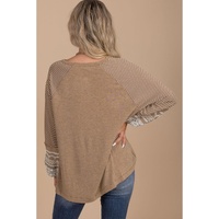 Light French Beige Floral Striped Patchwork Loose Long Sleeve Top - M thumbnail