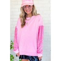 Azura Exchange Pink Sequin Patchwork Long Sleeve Pullover Top - L thumbnail