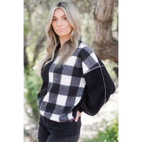 Black Checkboard Patchwork Exposed Stitching Collared Top - L thumbnail