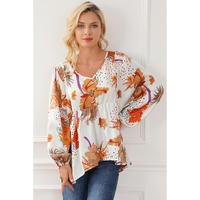 Multicolour Floral Print V Neck Babydoll Blouse - M thumbnail