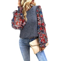 Blue Ruffle Tiered Floral Sleeve Crew Neck Blouse - M thumbnail