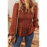 Boho Floral Smocked Bust Ruffled Peplum Blouse - S thumbnail