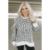 White Printed Solid Trim Leopard Print Top - M thumbnail