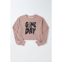 Khaki Game Day Graphic Crop Rugby Football Corded Knit Top - L thumbnail