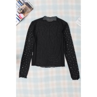 Black Rhinestone Sheer Mesh Slim Fit Long Sleeve Top - S thumbnail