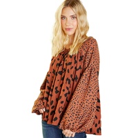 Brown Contrast Leopard Print Bubble Sleeve Blouse - L thumbnail