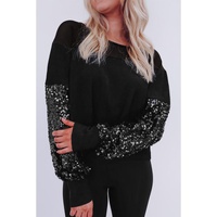 Black Sequin Patchwork Lantern Sleeve Blouse - XL thumbnail